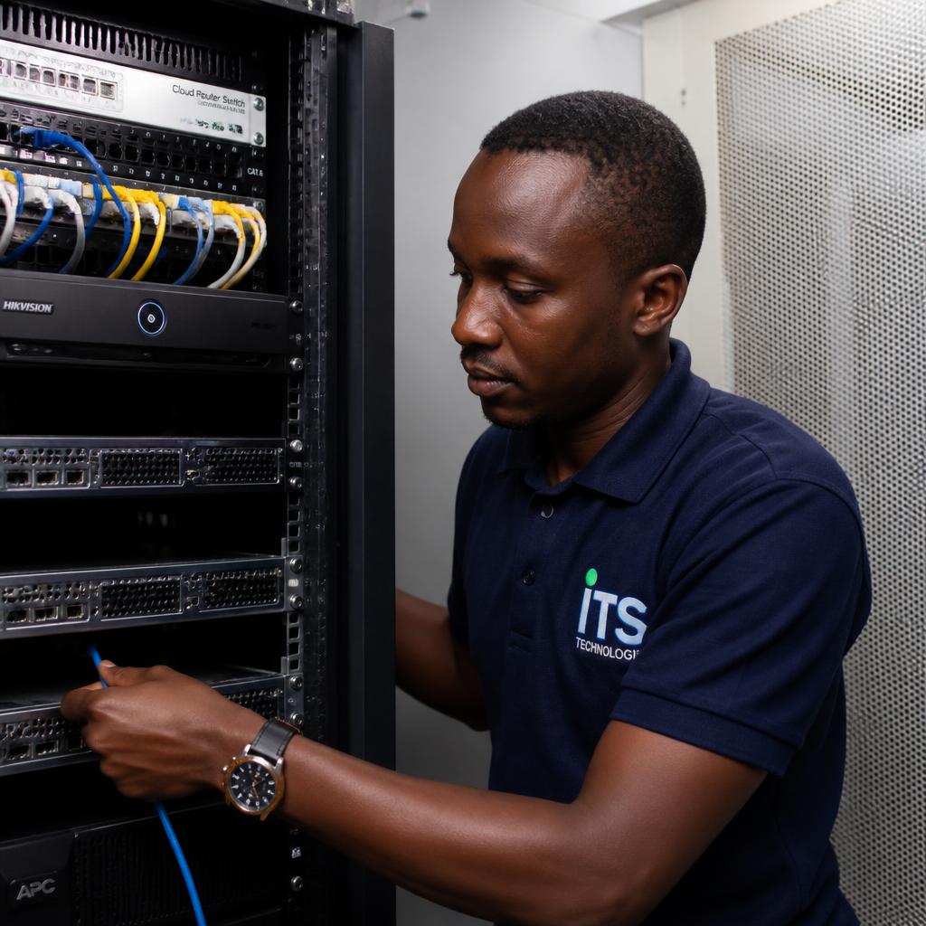 Ugandan technician working on network equipment